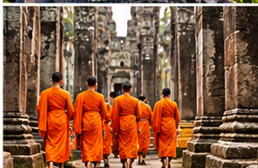 Monjes budistas caminando junto a un templo
