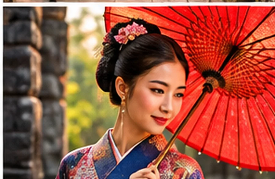 Mujer con kimono y sombrilla roja