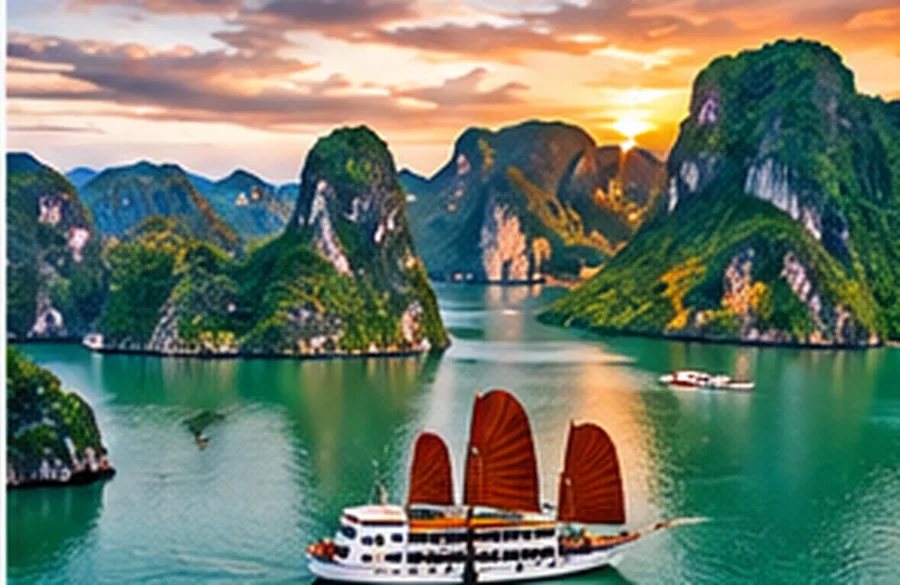 Bahía de Ha Long con junco de velas rojas